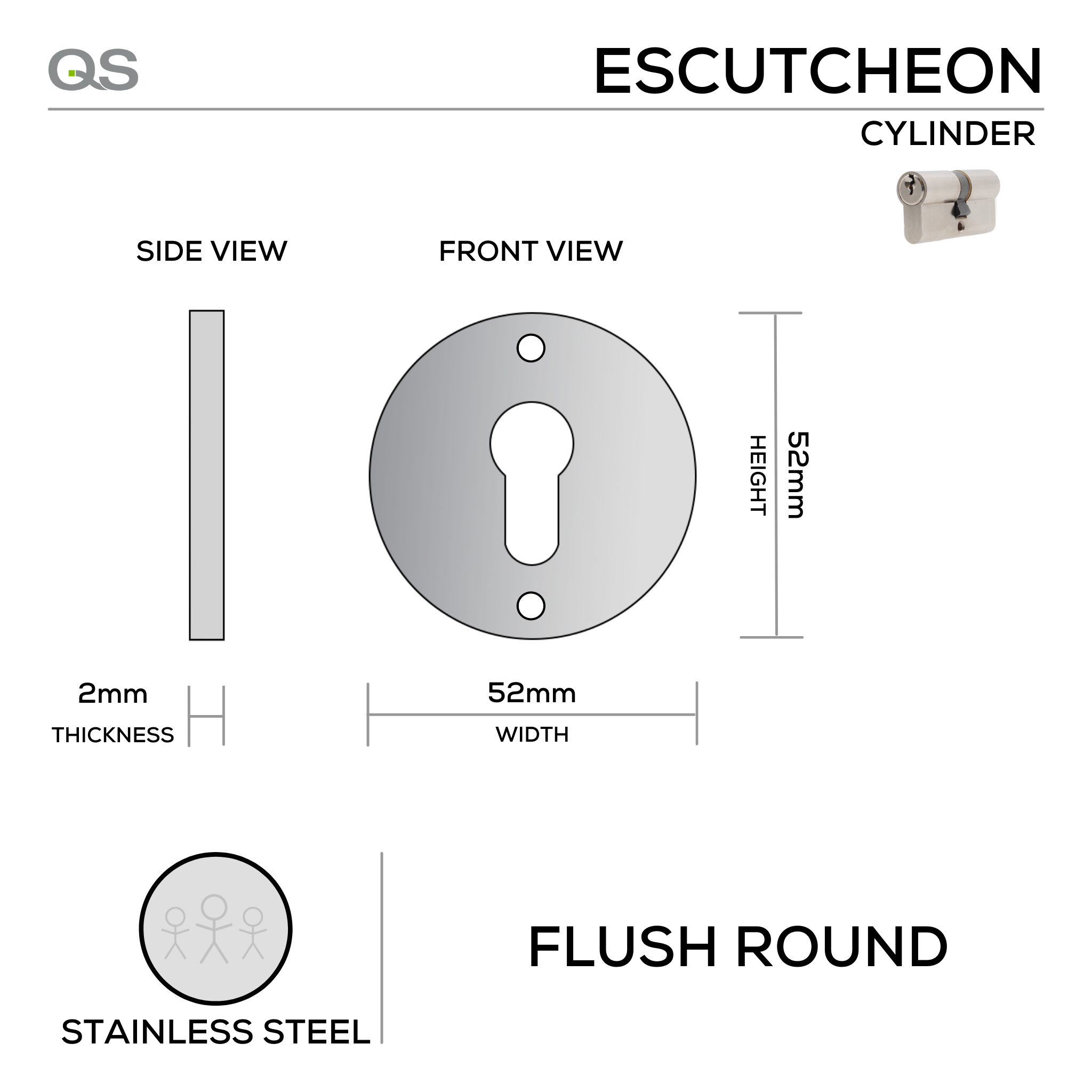 QS4403/FL, Cylinder Escutcheon, Flush Round Rose, 52mm (h) x 52mm (w) x 2mm (t), Stainless Steel, QS