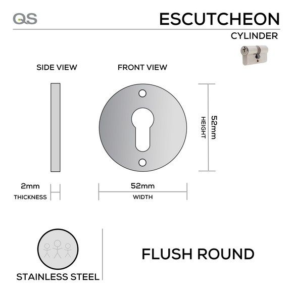 QS4403/FL, Cylinder Escutcheon, Flush Round Rose, 52mm (h) x 52mm (w) x 2mm (t), Stainless Steel, QS