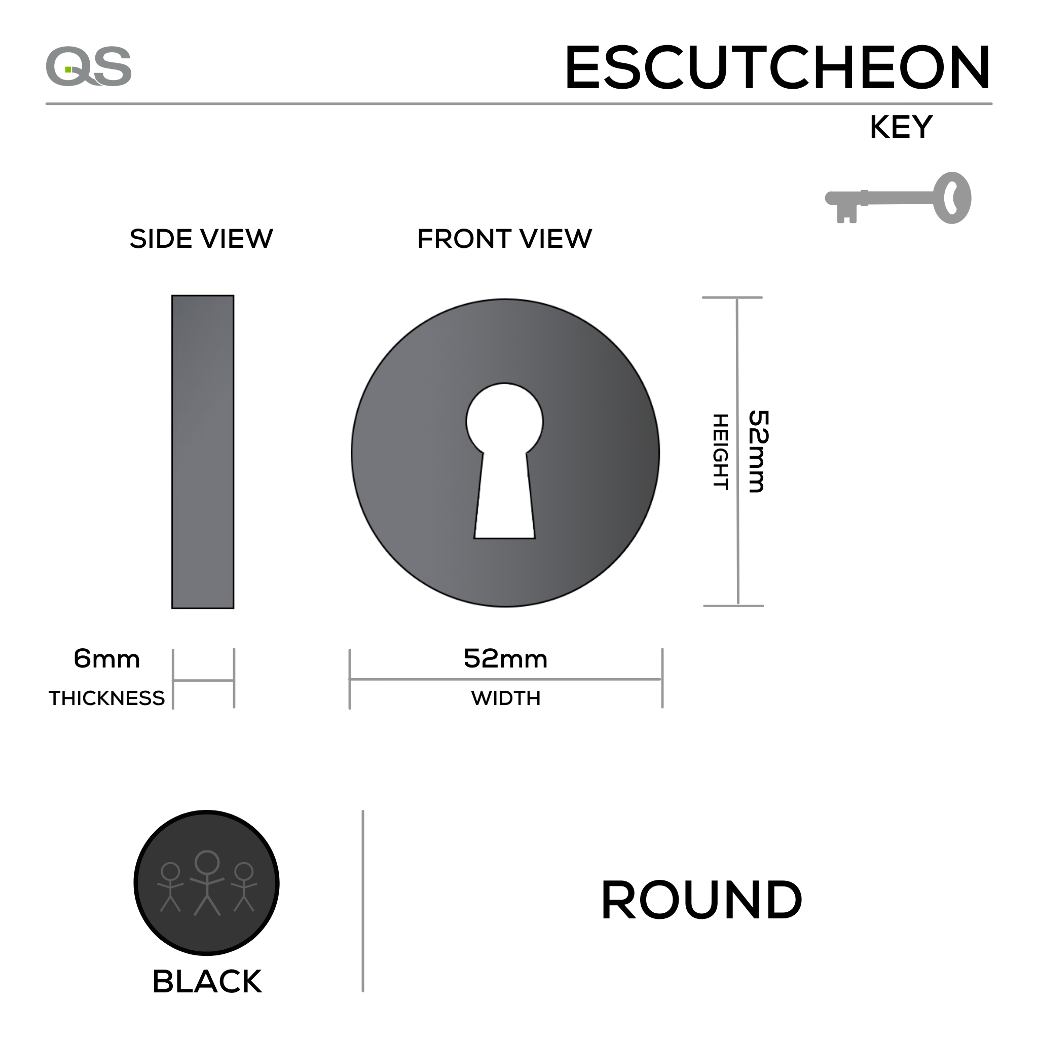 QS4402 BLACK, Keyhole Escutcheon, Round Rose, 52mm (h) x 52mm (w) x 6mm (t), Black, QS