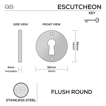 QS Stainless Steel Escutcheon shown in main product view, giving doors clean stainless confidence, 52mm (h) x 52mm (w).
