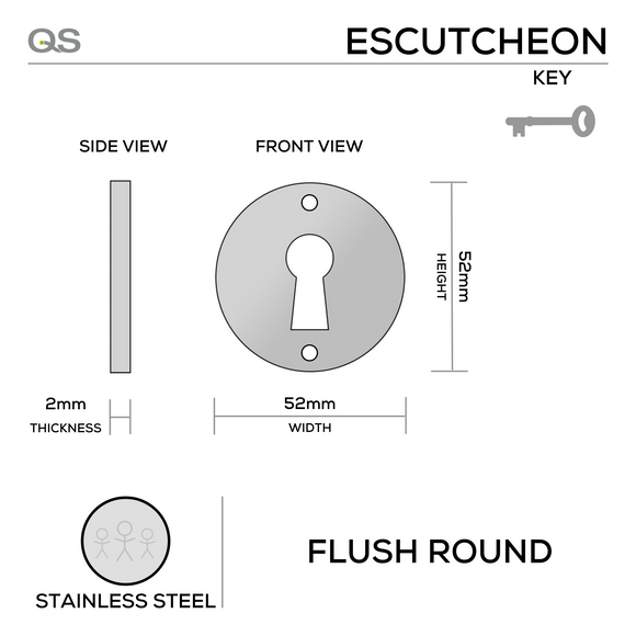 QS4402/FL, Keyhole Escutcheon, Flush Round Rose, 52mm (h) x 52mm (w) x 2mm (t), Stainless Steel, QS