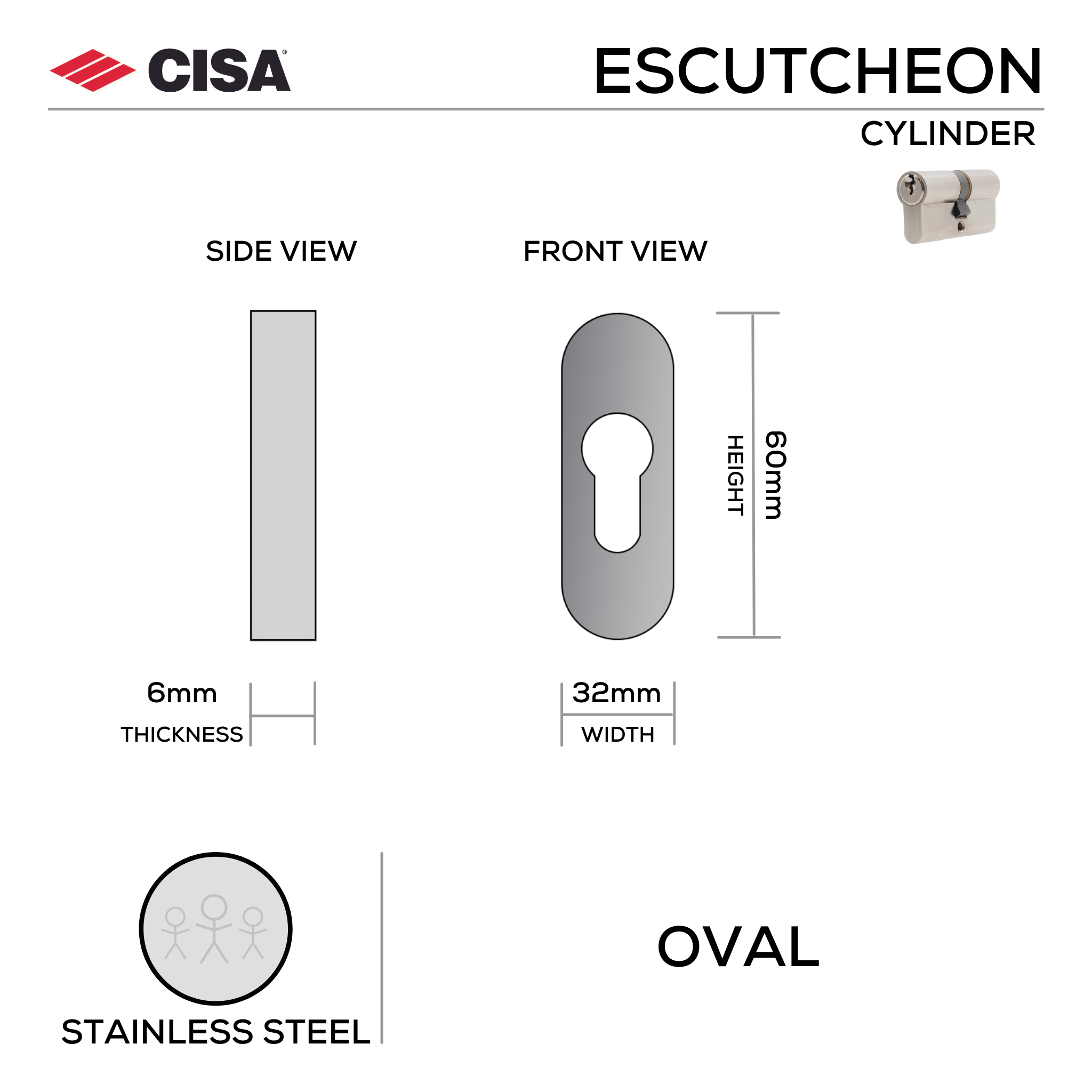 FE.O.C.SS, Cylinder Escutcheon, Oval Rose, 60mm (h) x 32mm (w) x 6mm (t), Stainless Steel, CISA