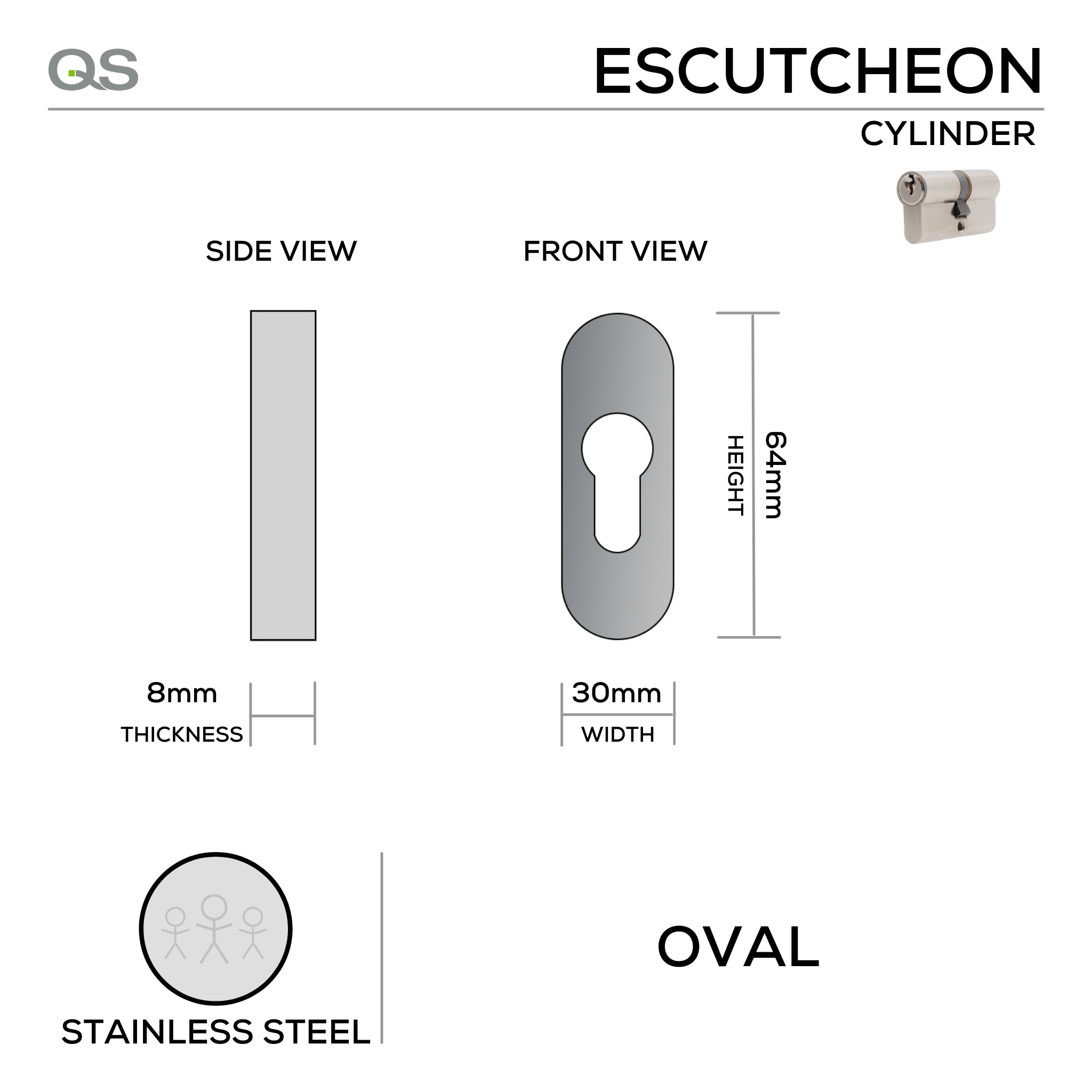 QS4405, Cylinder Escutcheon, Oval Rose, 64mm (h) x 30mm (w) x 8mm (t), Stainless Steel, QS
