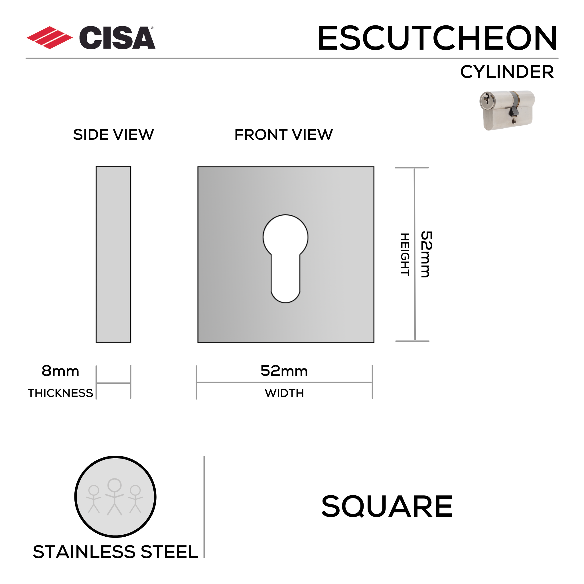 FE.S.C.SS, Cylinder Escutcheon, Square Rose, 52mm (h) x 52mm (w) x 8mm (t), Stainless Steel, CISA