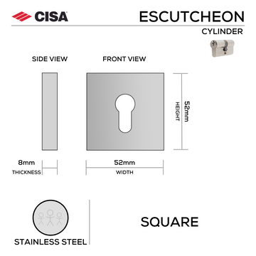Main product view showing CISA Stainless Steel Cylinder Lock — tough stainless shine for doors, 52mm (h) x 52mm (w).