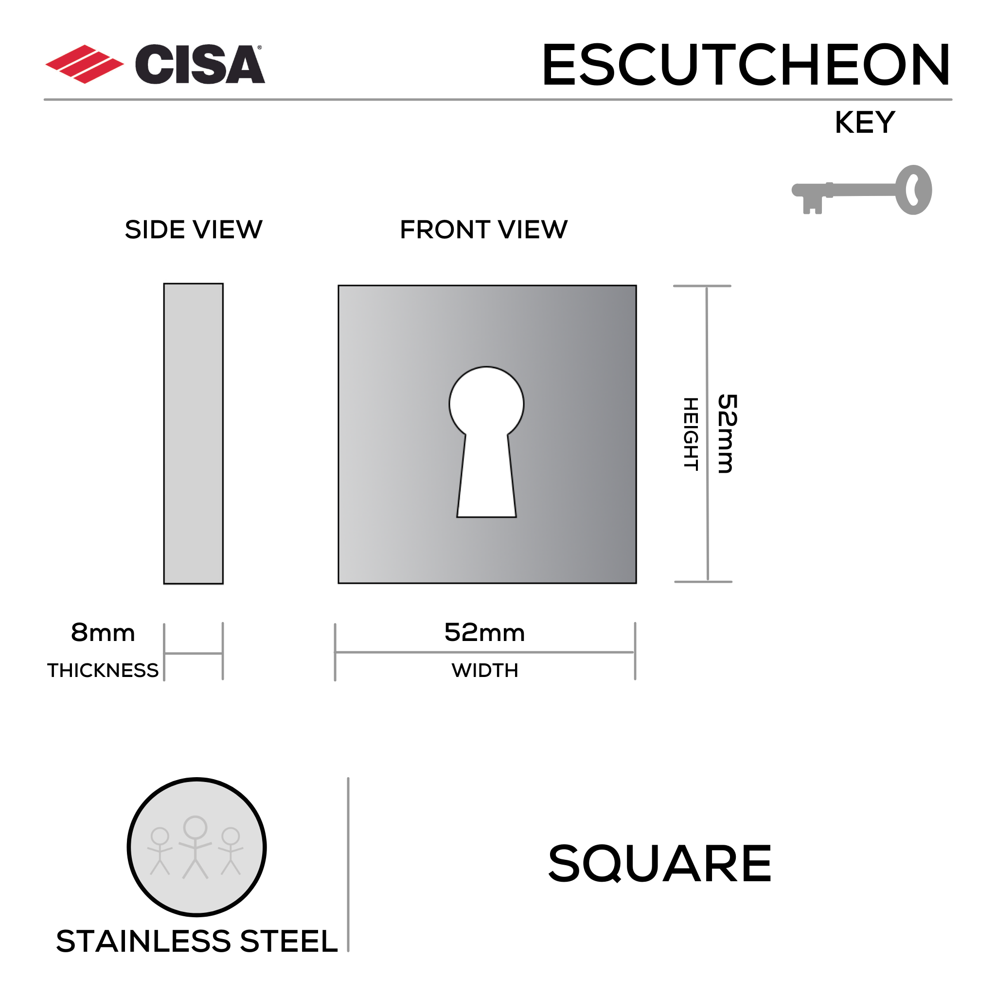 FE.S.K.SS, Keyhole Escutcheon, Square Rose, 52mm (h) x 52mm (w) x 8mm (t), Stainless Steel, CISA