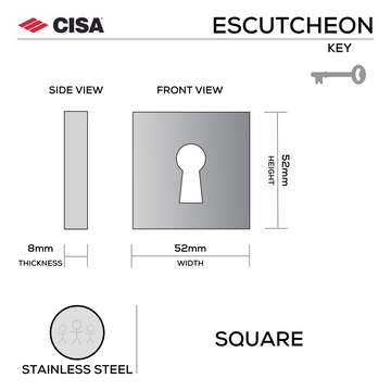 CISA Stainless Steel Escutcheon shown in main product view, giving doors clean stainless confidence, 52mm (h) x 52mm (w).