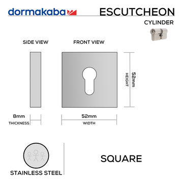 DORMAKABA Stainless Steel Cylinder Lock shown in main product view, giving doors clean stainless confidence, 52mm (h) x 52mm (w).