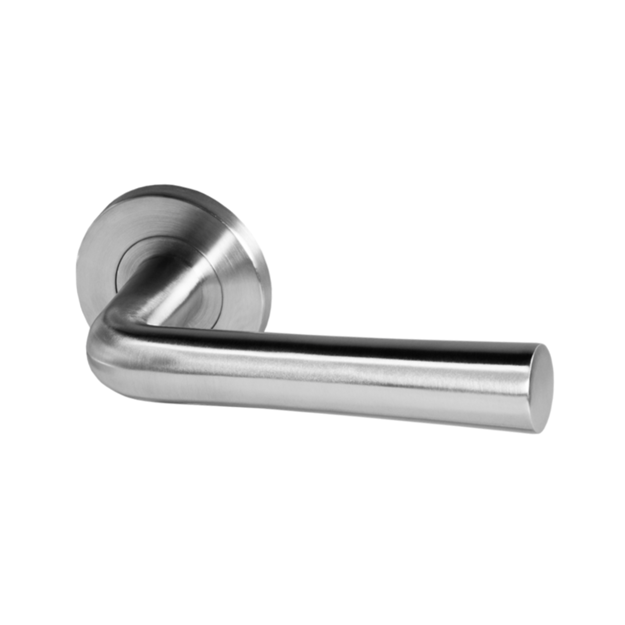Bergen, Lever Handles, Form, On Round Rose, With Escutcheons, Stainless Steel, QS