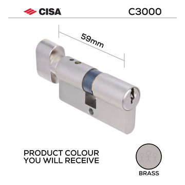 Main product view showing CISA Brass Cylinder Lock — solid brass style for doors, 59mm.