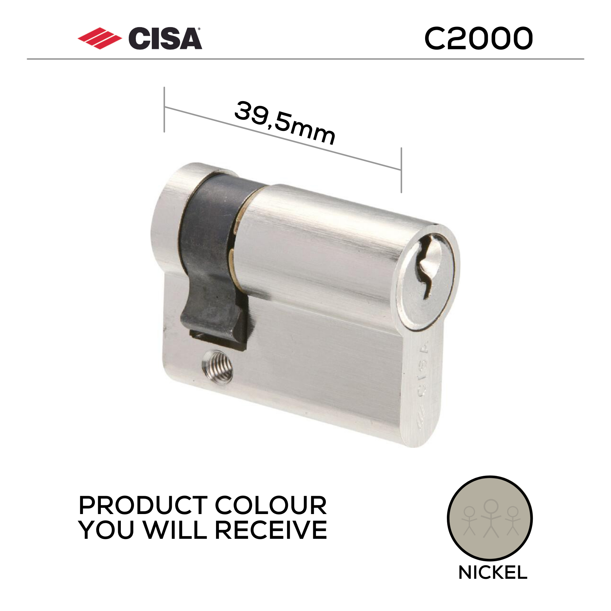 0G304-02-12-KD, 39,5mm - 29.5/10, Half (Single Cylinder), C2000, Key, Keyed to Differ (Standard), 3 Keys, 5 Pin, Nickel, CISA
