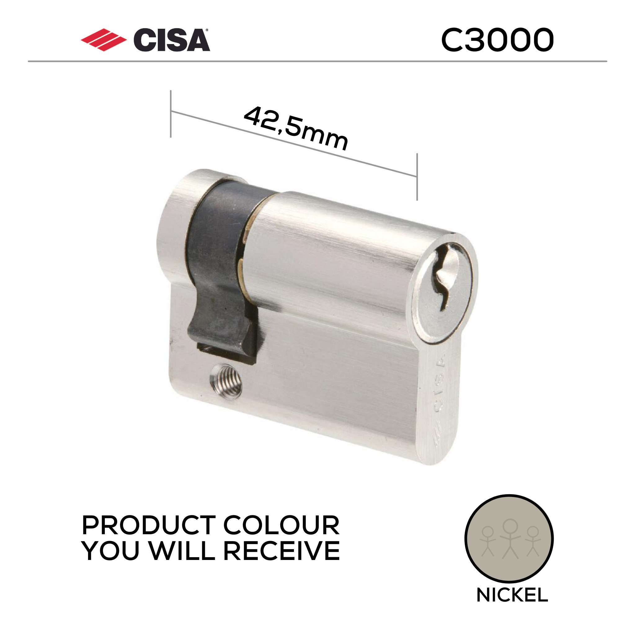 0N314-09-12-KD, 42.5mm - 32.5/10, Half (Single Cylinder), C3000, Key, Keyed to Differ (Standard), 3 Keys, 6 Pin, Nickel, CISA