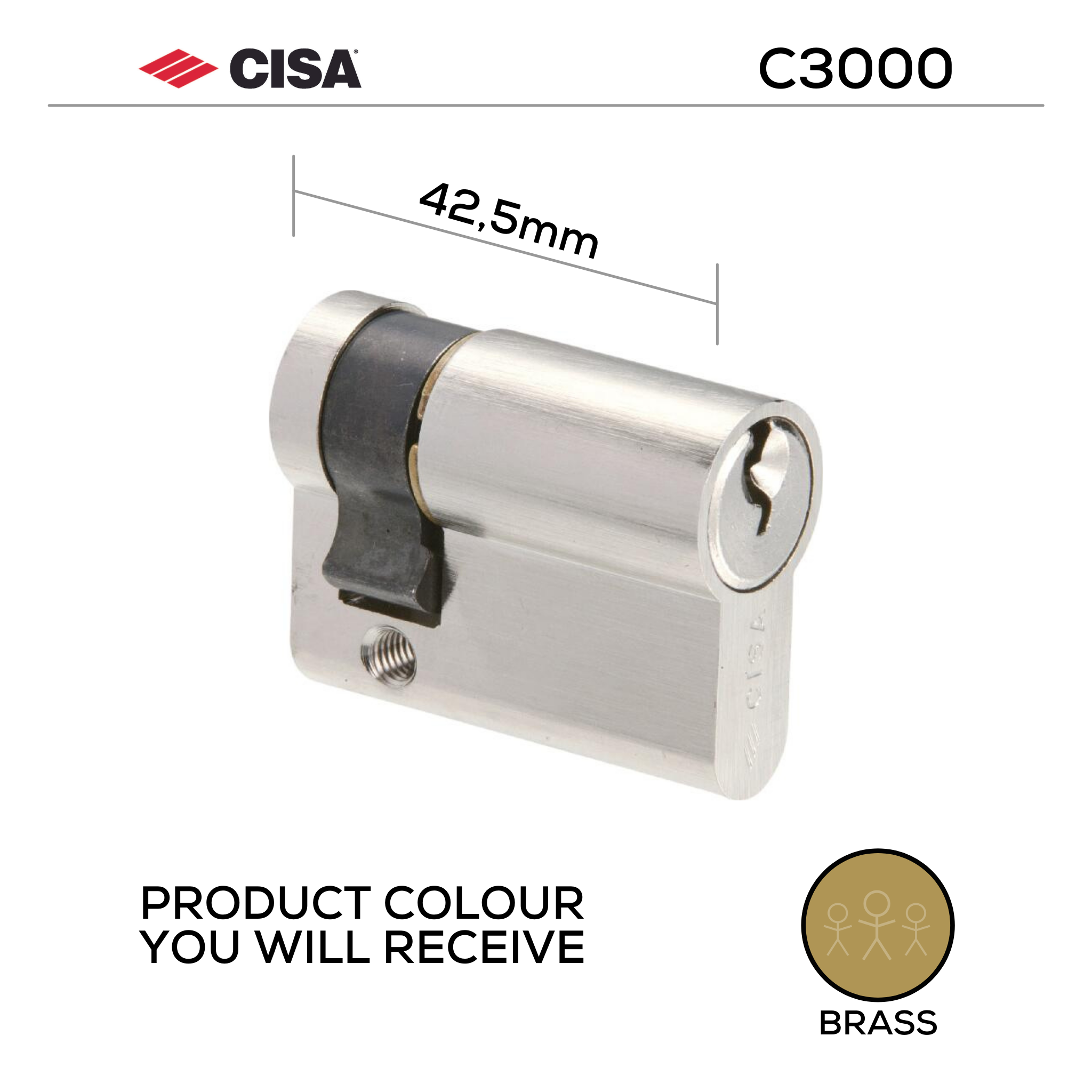 0N314-09-00-KD, 42.5mm - 32.5/10, Half (Single Cylinder), C3000, Key, Keyed to Differ (Standard), 3 Keys, 6 Pin, Brass, CISA