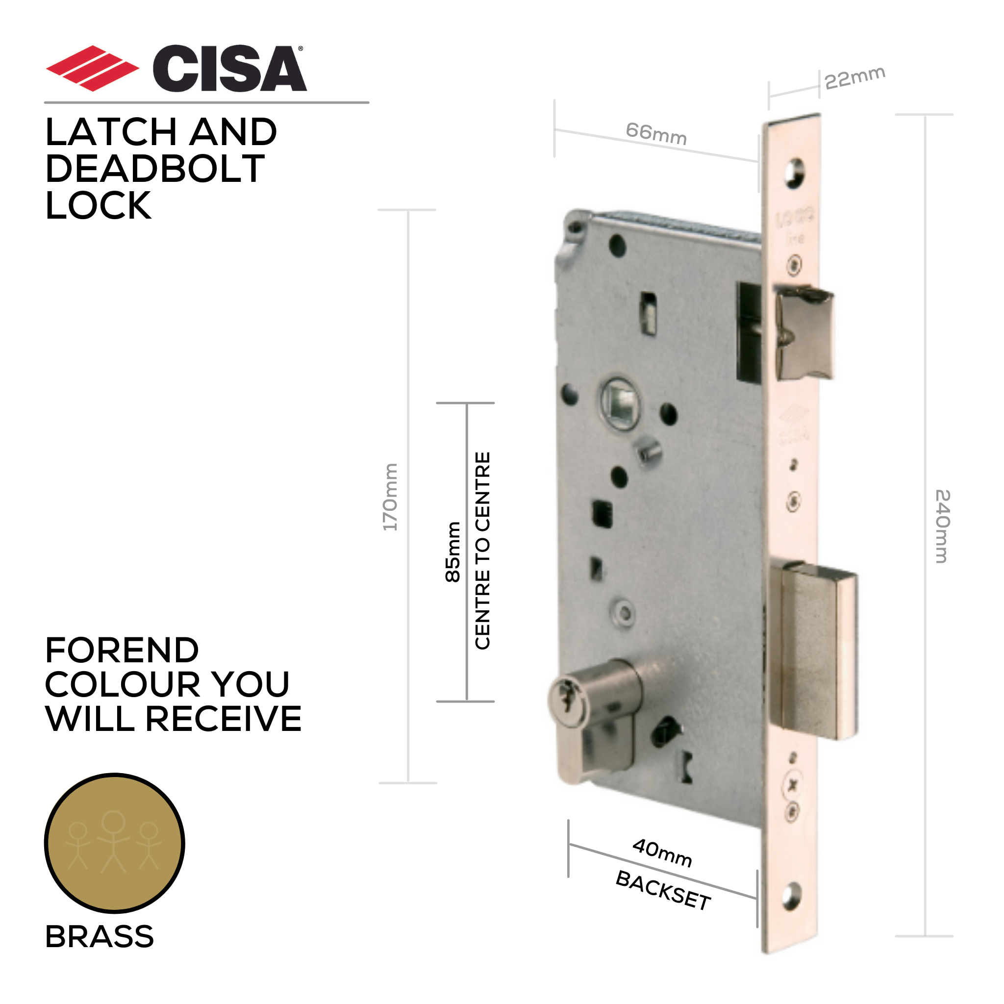 5C611-40-00, Latch & Deadbolt Lock, Euro Cylinder, Excluding Cylinder, 40mm (Backset), 85mm (ctc), Brass, CISA