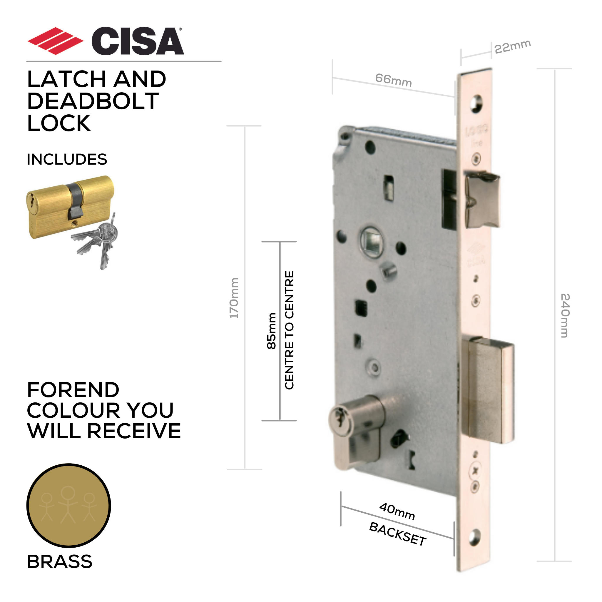 5C611-40-00_W/Cylinder, Latch & Deadbolt Lock, Euro Cylinder, Including Cylinder, 08010-07, 3 Keys - 5 Pins, 40mm (Backset), 85mm (ctc), Brass, CISA