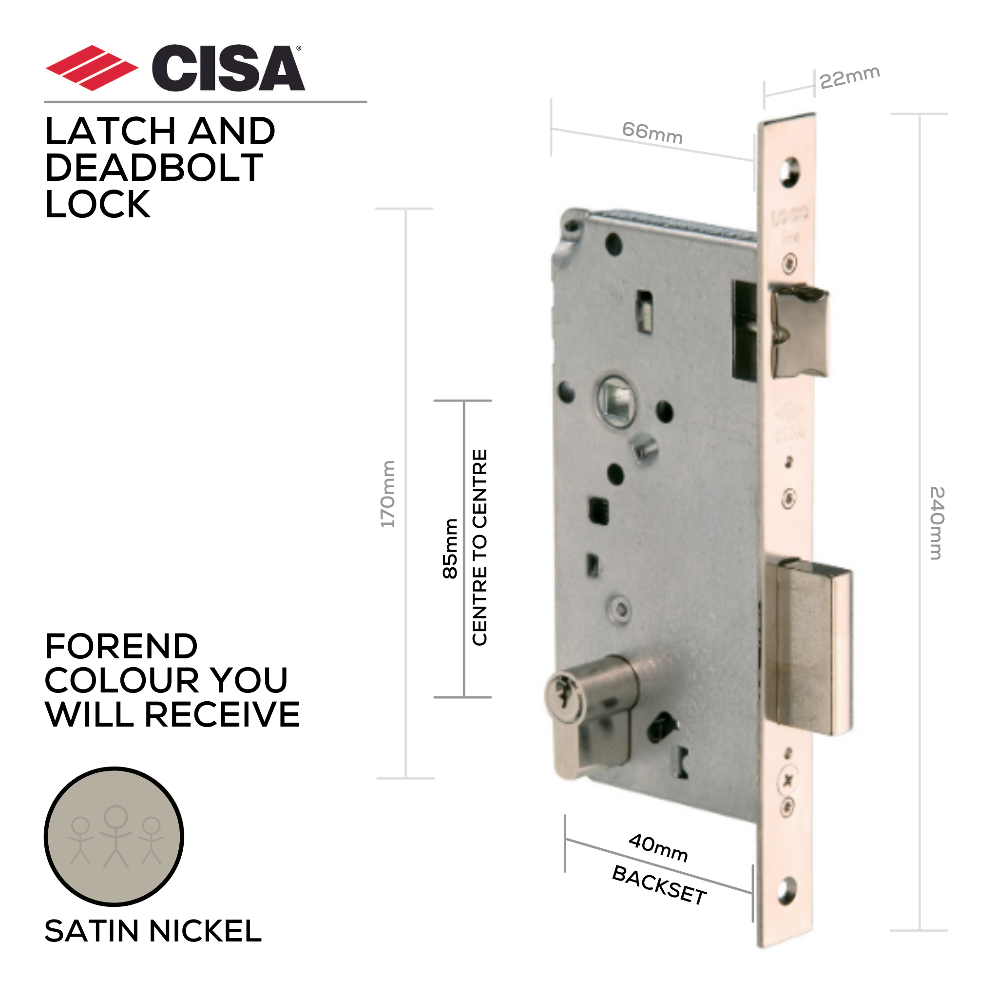 5C611-40-12, Latch & Deadbolt Lock, Euro Cylinder, Excluding Cylinder, 40mm (Backset), 85mm (ctc), Satin Nickel, CISA