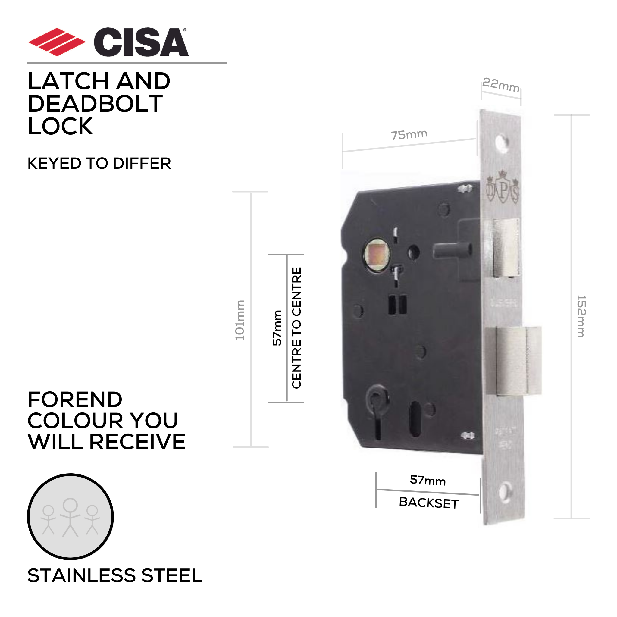 DPS3L-57-SS, Latch & Deadbolt Lock, Lever (Key), 3 Lever Lock, Keyed to Differ, 3 Keys, 57mm (Backset), 57mm (ctc), Stainless Steel, CISA