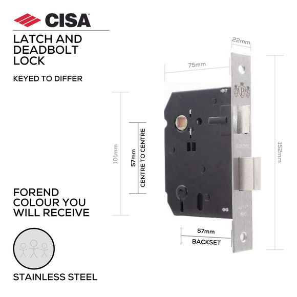 DPS3L-57-SS, Latch & Deadbolt Lock, Lever (Key), 3 Lever Lock, Keyed to Differ, 3 Keys, 57mm (Backset), 57mm (ctc), Stainless Steel, CISA(see below other key types & color options)