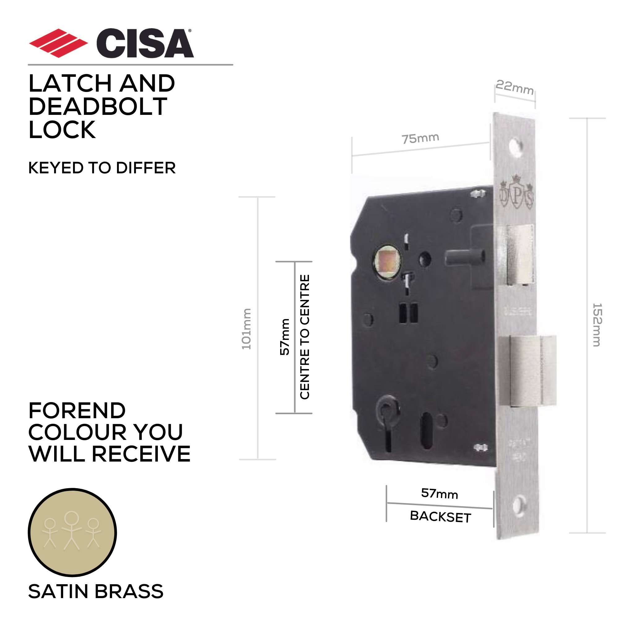 DPS3L-57-SB, Latch & Deadbolt Lock, Lever (Key), 3 Lever Lock, Keyed to Differ, 3 Keys, 57mm (Backset), 57mm (ctc), Satin Brass, CISA