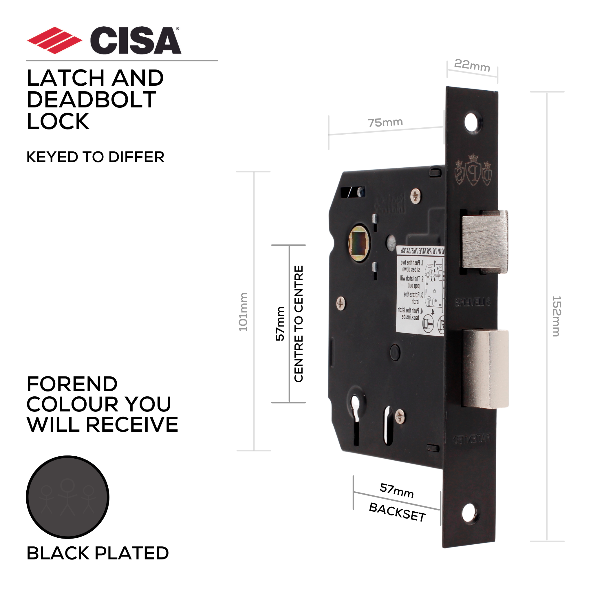 DPS3L-57-BL, Latch & Deadbolt Lock, Lever (Key), 3 Lever Lock, Keyed to Differ, 3 Keys, 57mm (Backset), 57mm (ctc), Black Plated, CISA
