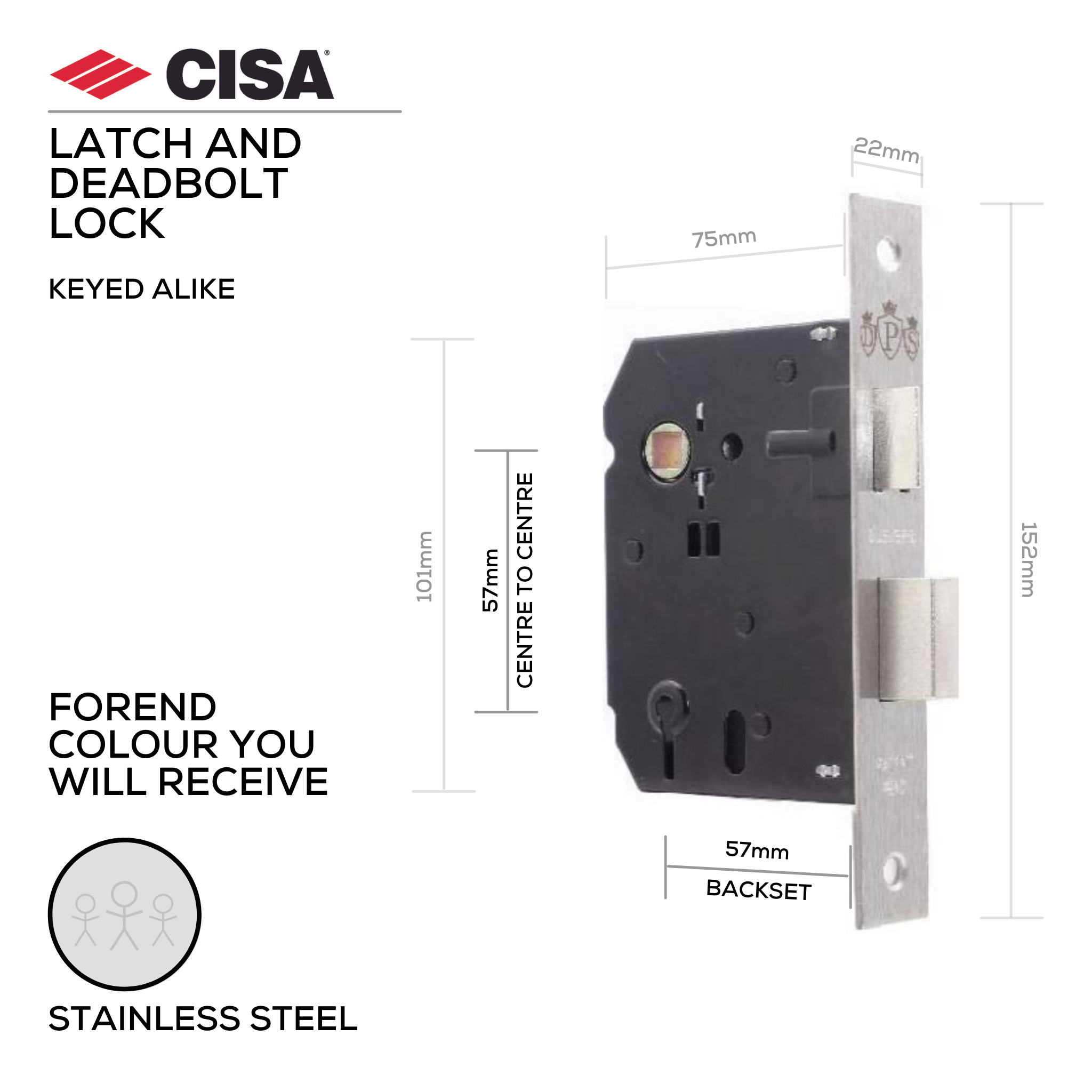 DPS3L-57-SS-KA, Latch & Deadbolt Lock, Lever (Key), 3 Lever Lock, Keyed Alike, 3 Keys, 57mm (Backset), 57mm (ctc), Stainless Steel, CISA