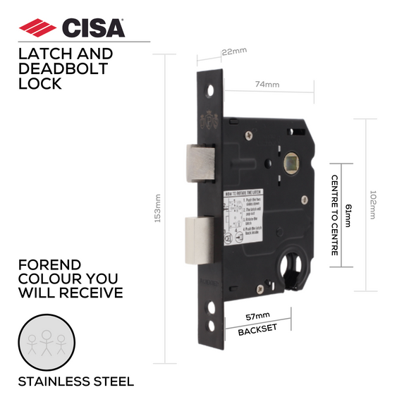 DPS61-57-SS, Latch & Deadbolt Lock, Euro Cylinder, Excluding Cylinder, 57mm (Backset), 61mm (ctc), Stainless Steel, CISA(see below other color options)