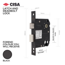 DPS61-57-BL, Latch & Deadbolt Lock, Euro Cylinder, Excluding Cylinder, 57mm (Backset), 61mm (ctc), Black, CISA-1