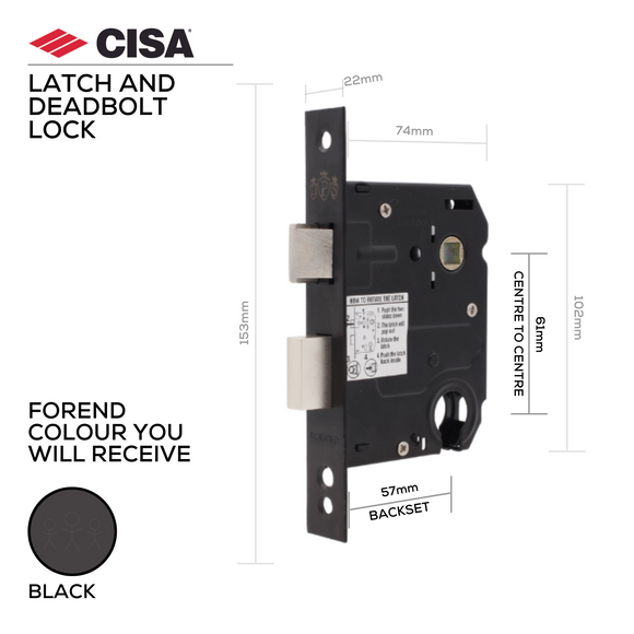 DPS61-57-BL, Latch & Deadbolt Lock, Euro Cylinder, Excluding Cylinder, 57mm (Backset), 61mm (ctc), Black, CISA