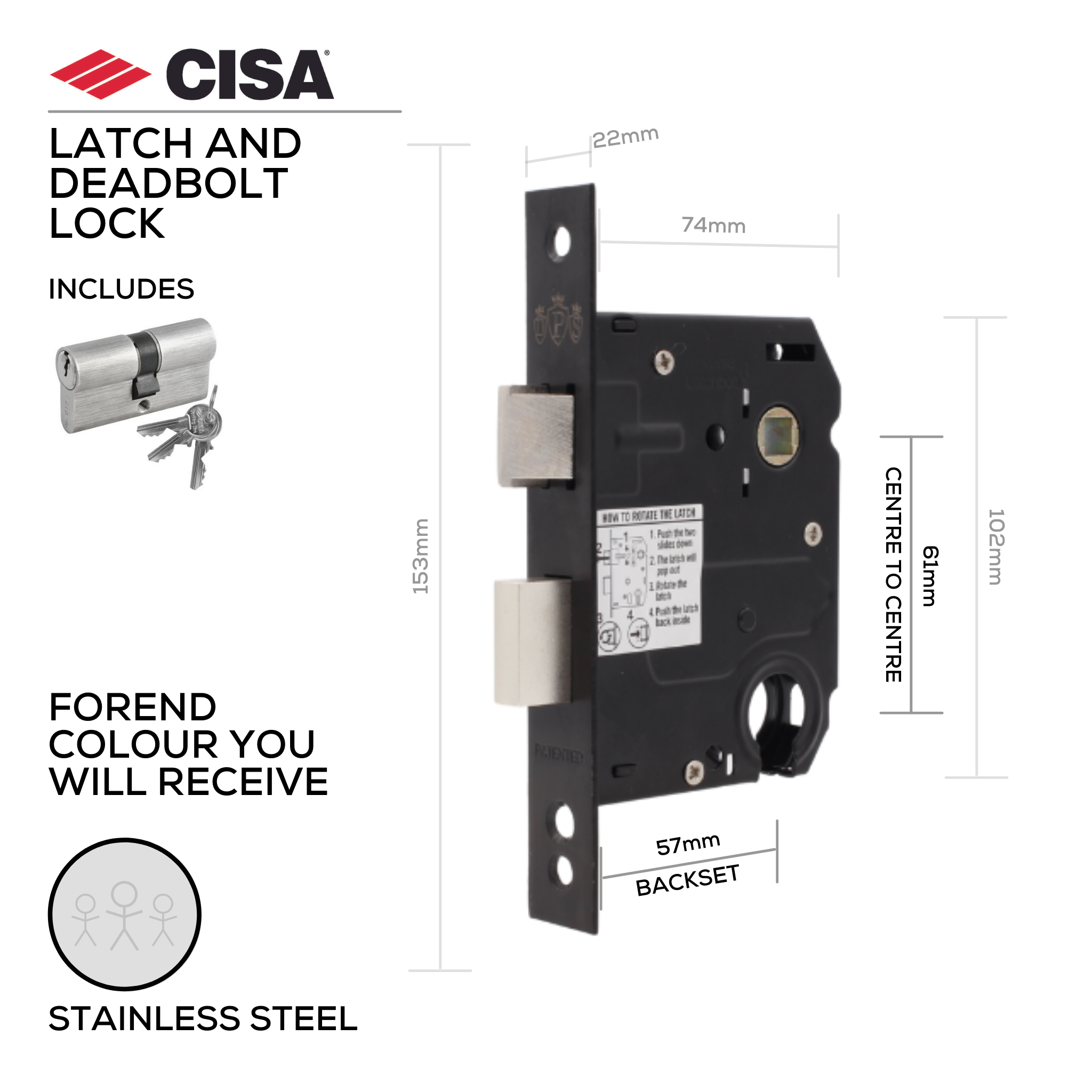 DPS61-57C-SS, Latch & Deadbolt Lock, Euro Cylinder, Including Cylinder, 08010-07, 3 Keys - 5 Pins, 57mm (Backset), 61mm (ctc), Stainless Steel, CISA