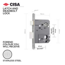 55220-57-20, Latch & Deadbolt Lock, Euro Cylinder, Excluding Cylinder, 57mm (Backset), 57mm (ctc), Stainless Steel, CISA-1