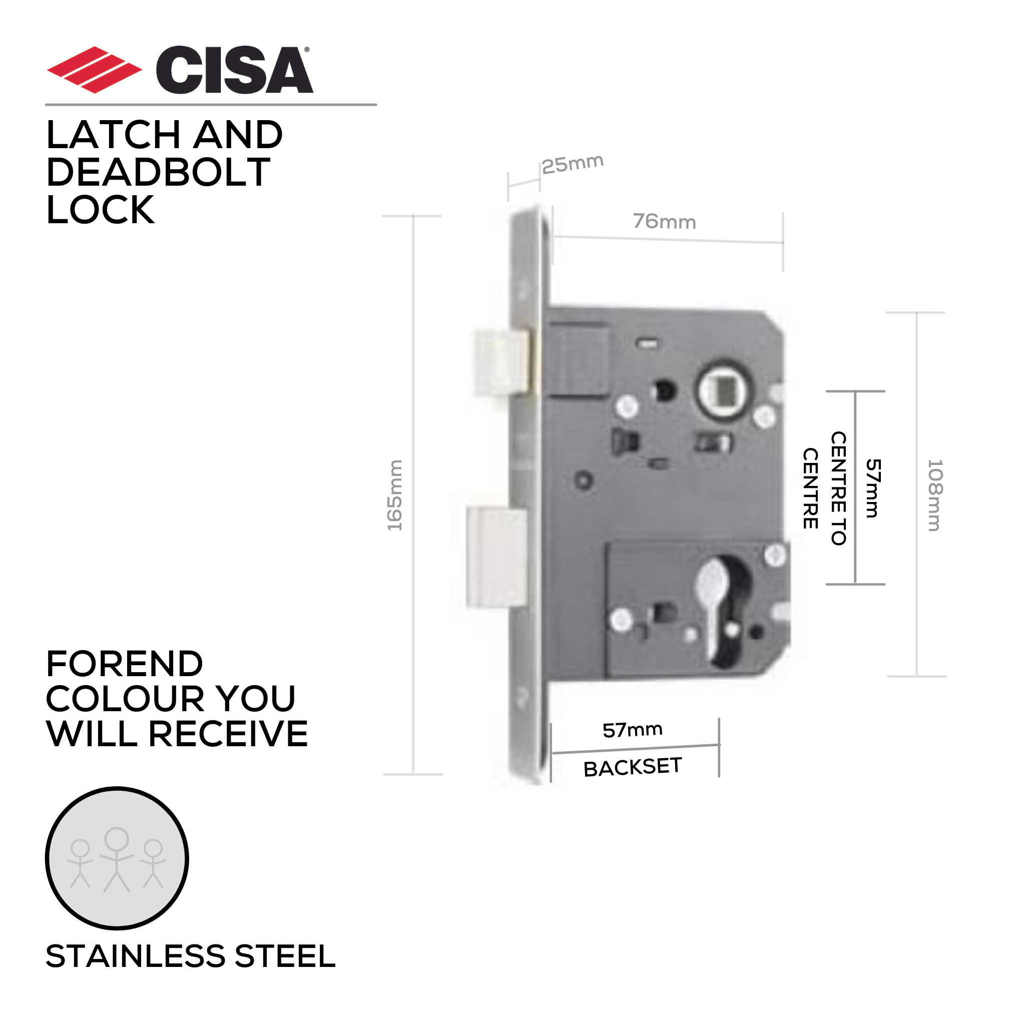 55220-57-20, Latch & Deadbolt Lock, Euro Cylinder, Excluding Cylinder, 57mm (Backset), 57mm (ctc), Stainless Steel, CISA