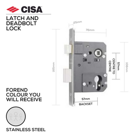 55220-57-20, Latch & Deadbolt Lock, Euro Cylinder, Excluding Cylinder, 57mm (Backset), 57mm (ctc), Stainless Steel, CISA