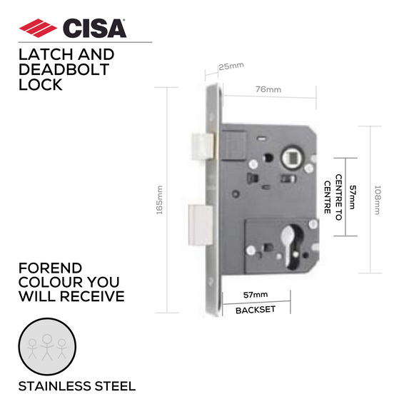55220-57-20, Latch & Deadbolt Lock, Euro Cylinder, Excluding Cylinder, 57mm (Backset), 57mm (ctc), Stainless Steel, CISA