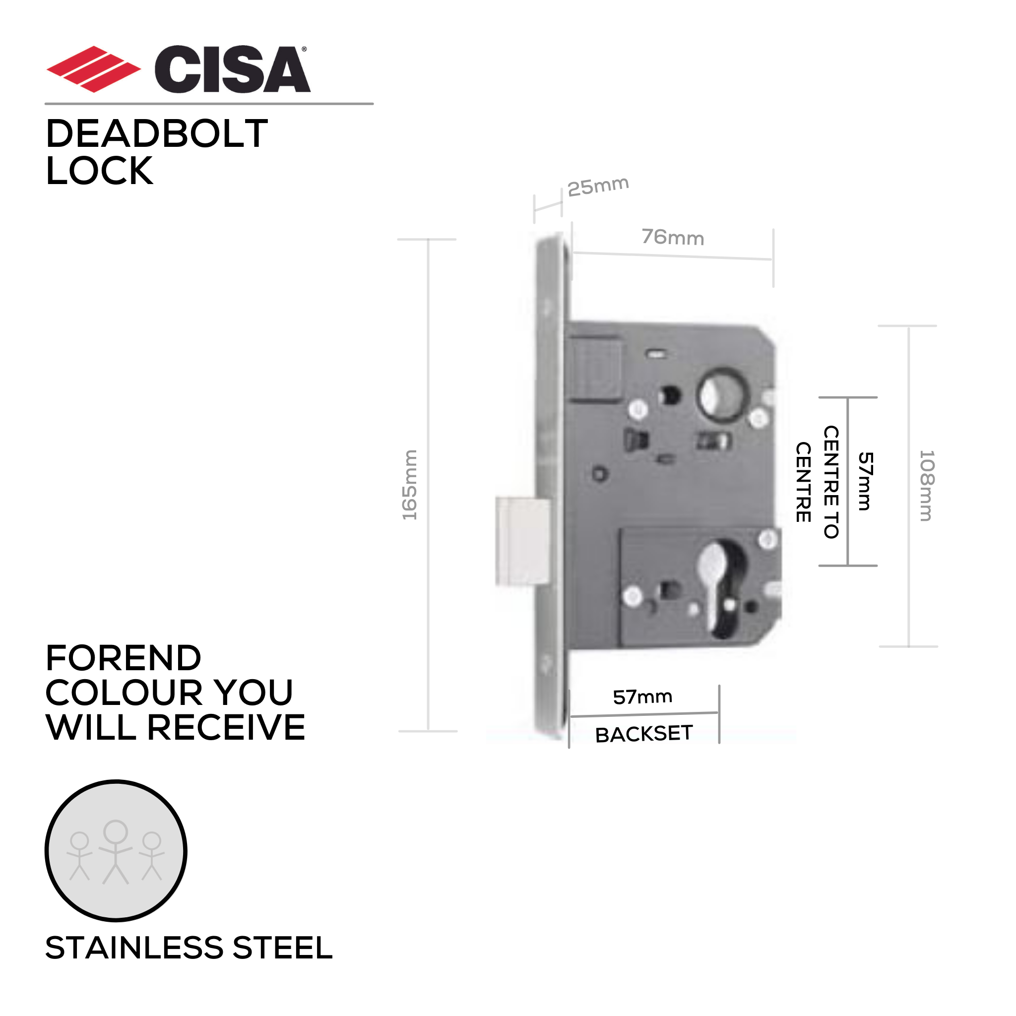 55210-57-20, Deadbolt Lock, Euro Cylinder, Excluding Cylinder, 57mm (Backset), 57mm (ctc), Stainless Steel, CISA