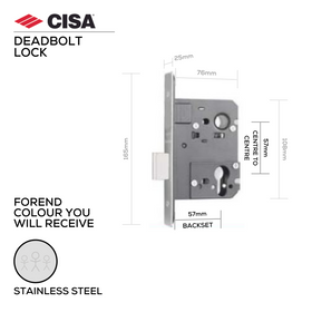 55210-57-20, Deadbolt Lock, Euro Cylinder, Excluding Cylinder, 57mm (Backset), 57mm (ctc), Stainless Steel, CISA