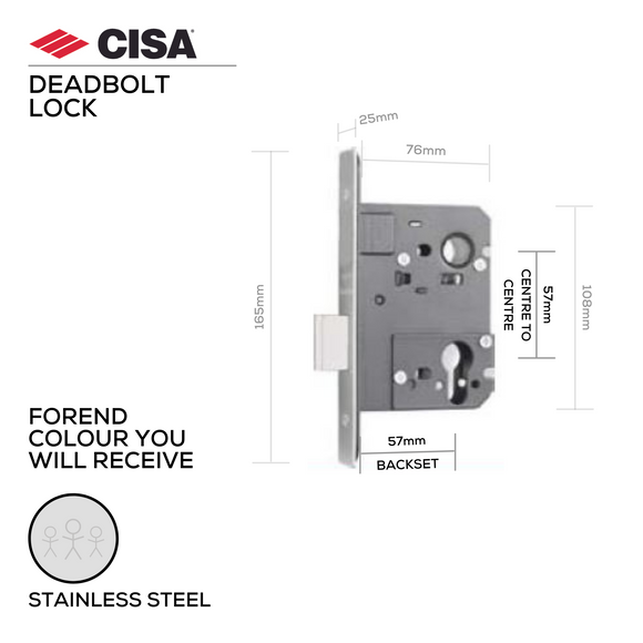 55210-57-20, Deadbolt Lock, Euro Cylinder, Excluding Cylinder, 57mm (Backset), 57mm (ctc), Stainless Steel, CISA
