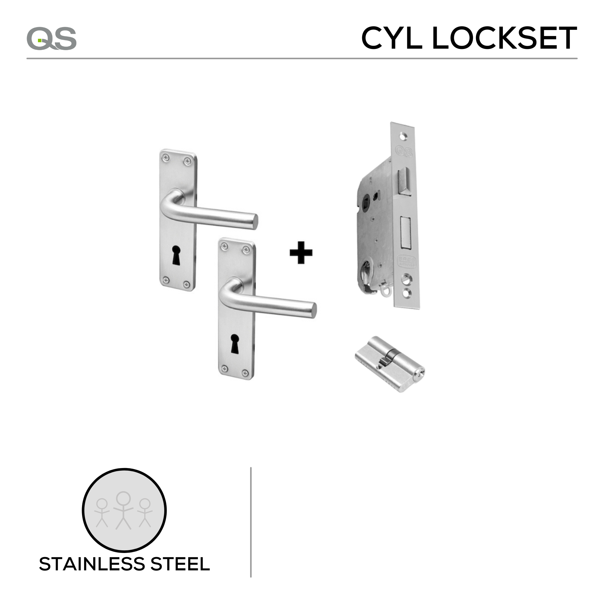 Coupe  Oslo Cylinder lockset, Lever Handle, Coupé, On Plate, With QS5757J/1 and QS1104A Cyl Lock, Stainless Steel, QS