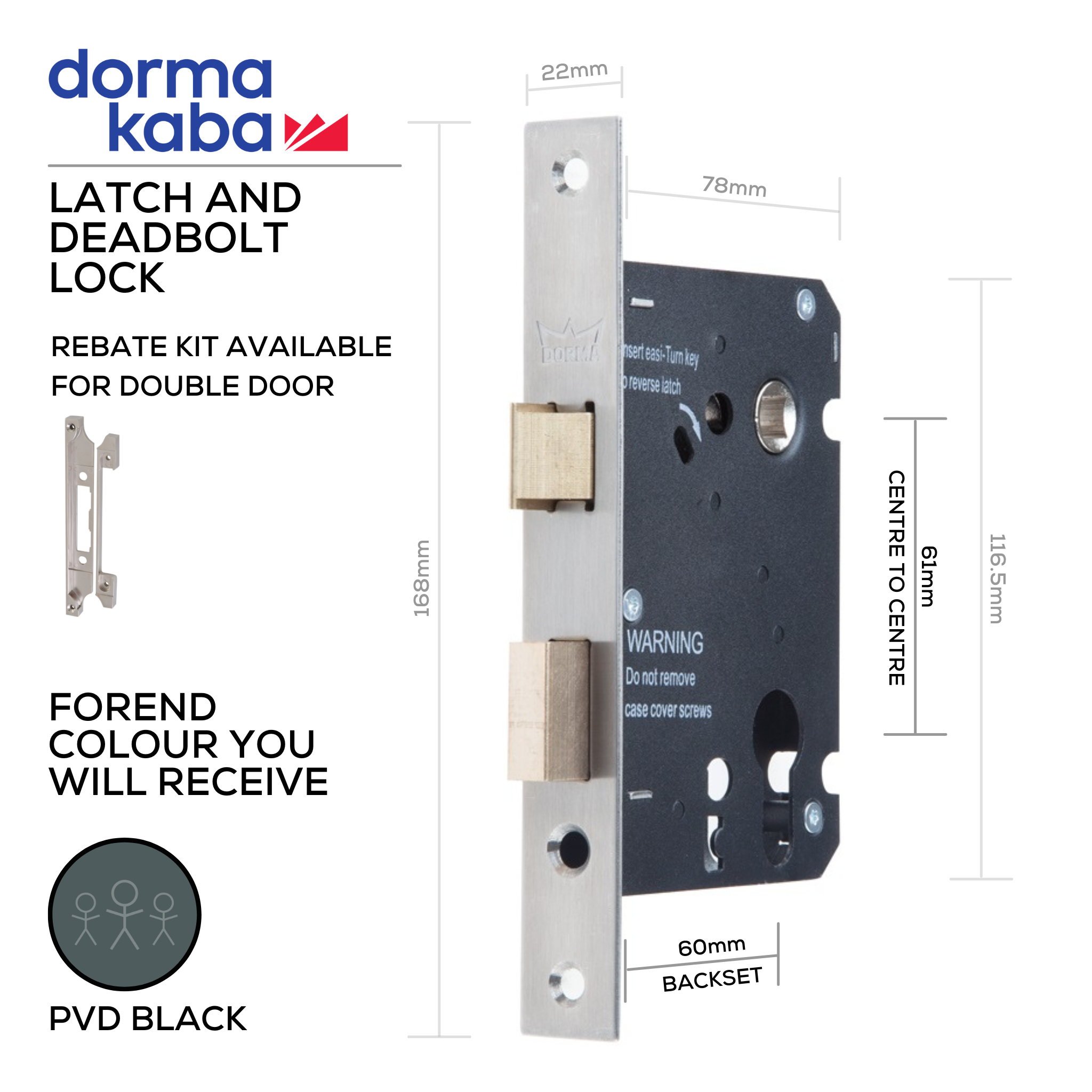 D036S PVD Black, Cylinder Sash Lock, 57mm (backset), 22mm (w) x 168mm (l), PVD Black, DORMAKABA