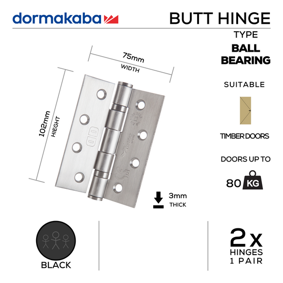 DBB-PVD-009 Black PC, Butt Hinge, Two Ball Bearing, 2 x Hinges (1 Pair), 102mm (h) x 75mm (w) x 3mm (t), PVD Black, DORMAKABA