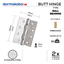 DBB-SS-009, Butt Hinge, Two Ball Bearing, 2 x Hinges (1 Pair), Max Door Weight: 80kg, 102mm (h) x 75mm (w) x 3mm (t), Stainless Steel, DORMAKABA-1