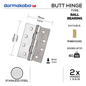 DBB-SS-009, Butt Hinge, Two Ball Bearing, 2 x Hinges (1 Pair), Max Door Weight: 80kg, 102mm (h) x 75mm (w) x 3mm (t), Stainless Steel, DORMAKABA