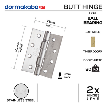 Main product view showing DORMAKABA Stainless Steel Hinge — tough stainless shine for patio and sliding doors, 102mm (h) x 75mm (w), 80kg.