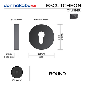 DCE-002 BLK, Cylinder Escutcheon, Round Rose, 52mm (h) x 52mm (w) x 8mm (t), Black, Dormakaba