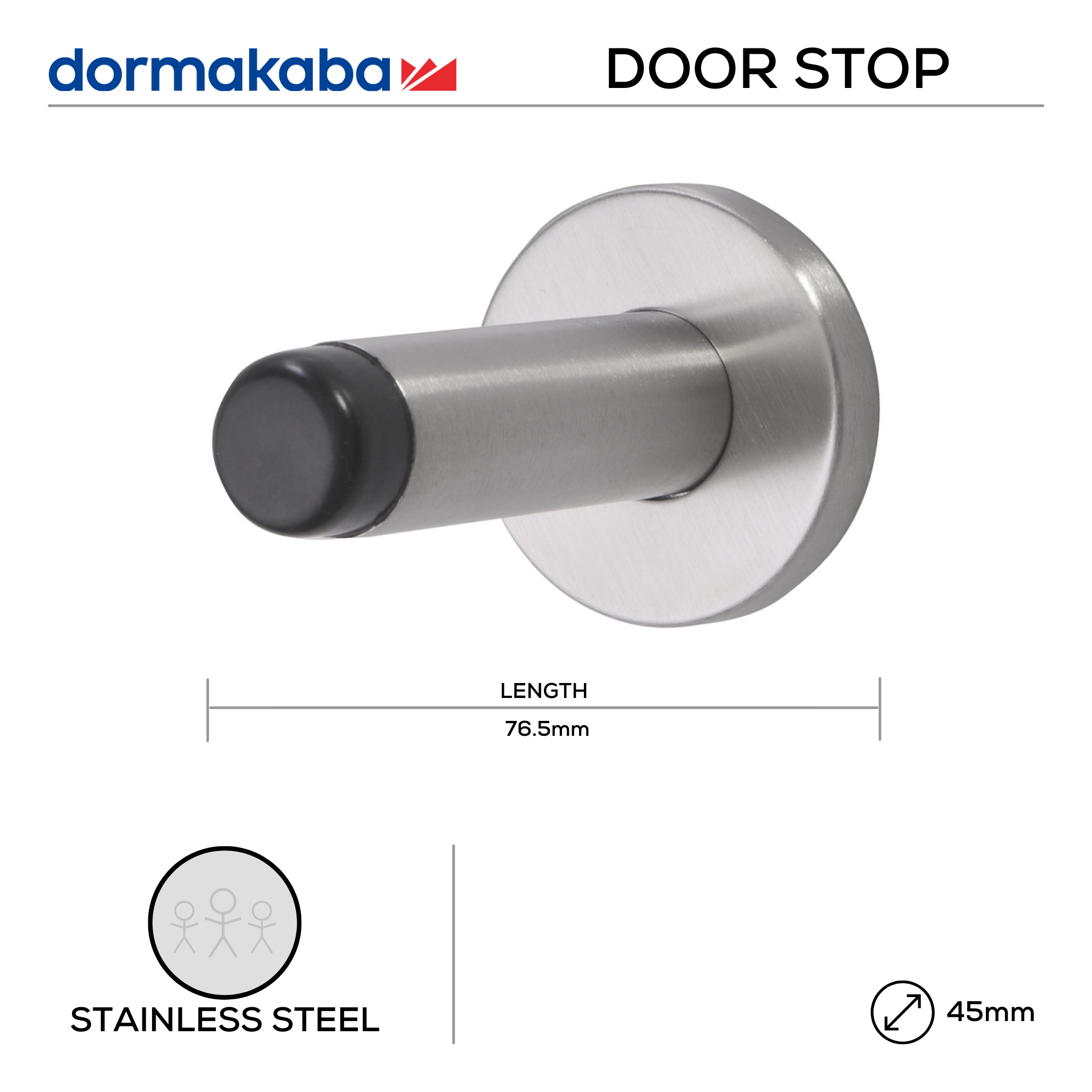 DDH-SS-020, Door Stop, 76.5mm (l) x 45mm (Ø), Stainless Steel, DORMAKABA