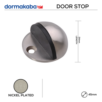 DORMAKABA Nickel Door Stop shown in main product view, giving doors solid gear with a sharp finish, 24mm (l) x 45mm (Ø).