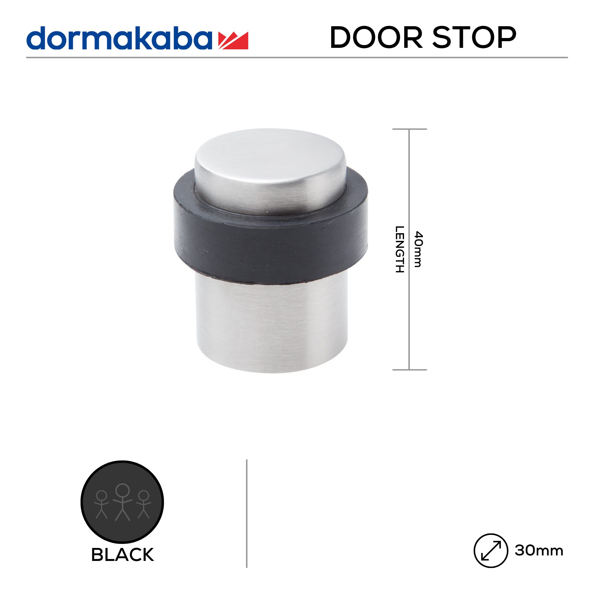 DDS-PVD-021 Black EP, Door Stop, Floor Mounted, Cylindical, 40mm (l) x 30mm (Ø) x 38mm (t), PVD Black, DORMAKABA