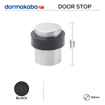 DORMAKABA Black Door Stop main product view; sharp modern attitude for a better door setup, 40mm (l) x 30mm (Ø).