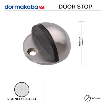 DORMAKABA Stainless Steel Door Stop shown in main product view, giving doors clean stainless confidence, 24mm (l) x 45mm (Ø).