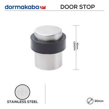 Main product view showing DORMAKABA Stainless Steel Door Stop — tough stainless shine for doors, 40mm (l) x 30mm (Ø).