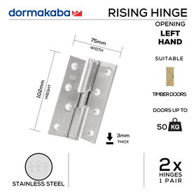 DFL-SS-015 (L) , Falling Butt Hinge, Left Hand, 2 x Hinges (1 Pair), Max Door Weight: 50kg, 102mm (h) x 75mm (w) x 3mm (t), Stainless Steel, DORMAKABA